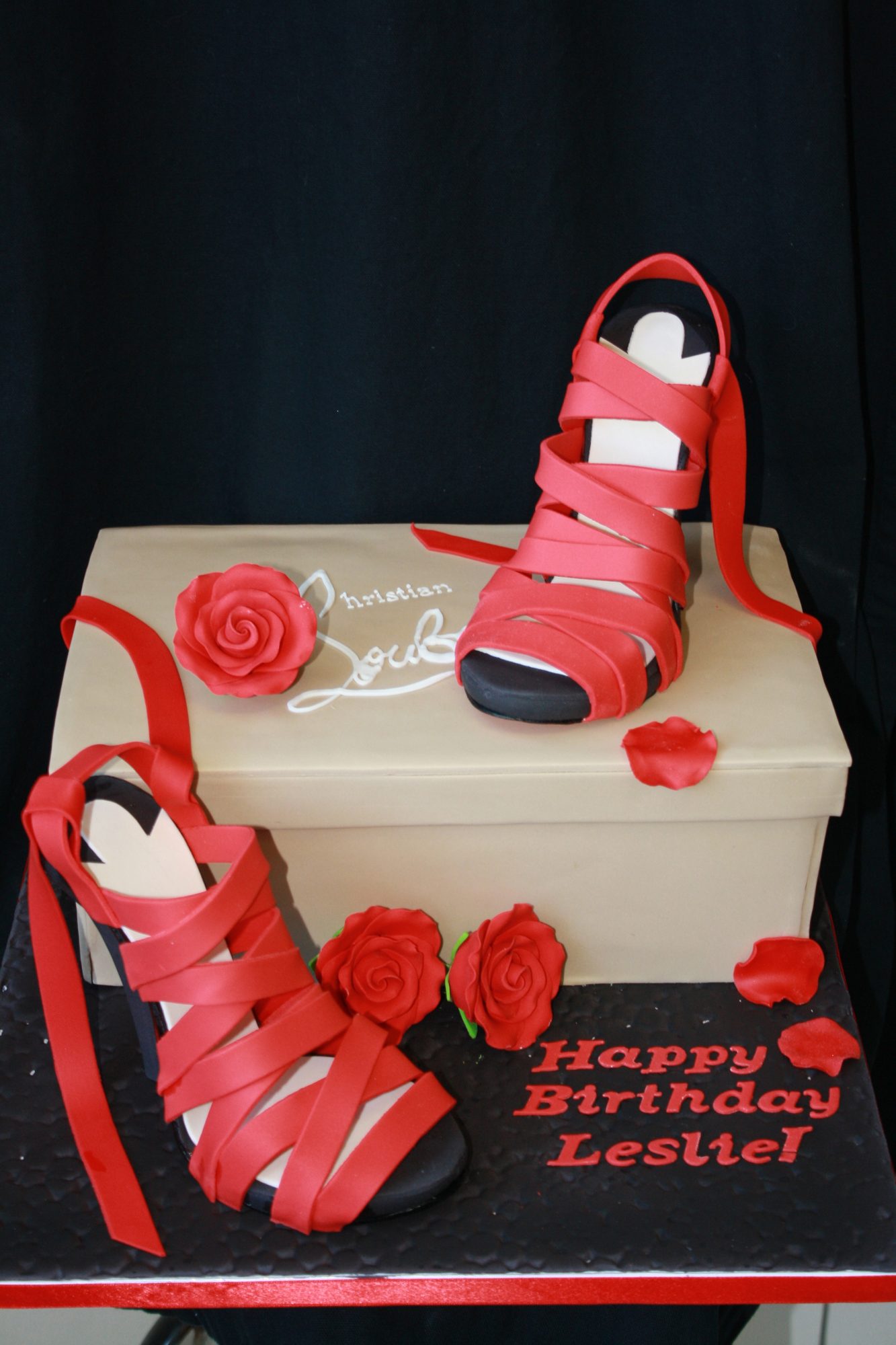 Red strappy heels and shoe box cake